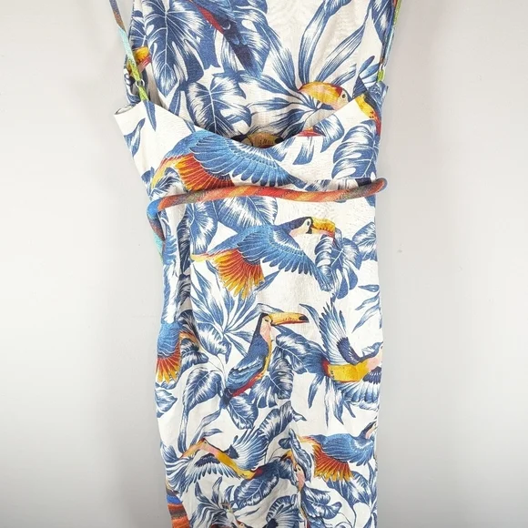 Farm Rio tropical parrot bird safari flying toucans open back dress womans small - Picture 7 of 8